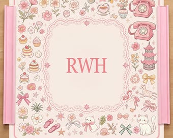 Personlig rosa Cottagecore Mahjongmatta, söt katt och dessertblommor, anpassad monogram Mahjong-spelbordstoppning