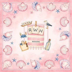 May include: A square pink watercolor print featuring a border of various seashells and blue starfish. The center displays a striped towel with the letters RWH, a beach bag, a seagull, a crab holding mahjong tiles, and a bottle with a message.