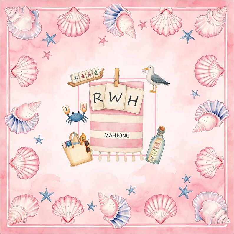 May include: A square pink watercolor print featuring a border of various seashells and blue starfish. The center displays a striped towel with the letters RWH, a beach bag, a seagull, a crab holding mahjong tiles, and a bottle with a message.
