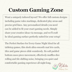 May include: A rectangular gaming mat advertisement featuring the text Custom Gaming Zone. The text describes custom designs with game rules, grid lines, and play areas. It highlights an ultra-smooth surface, soft padded bottom, and noise reduction.