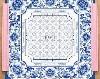 Personlig blå och vit Chinoiserie Mahjong-matta, brusreducerande Charleston Rule amerikansk Mahjong-matta, bordsdekoration med monogrammotiv
