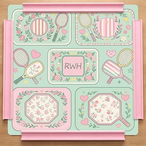 Puede incluir: Una bandeja decorativa con una combinación de colores pastel. La bandeja presenta un fondo verde claro con diseños florales y de tenis rosas y blancos. El texto "RWH" está en el centro. La bandeja tiene un borde rosa.