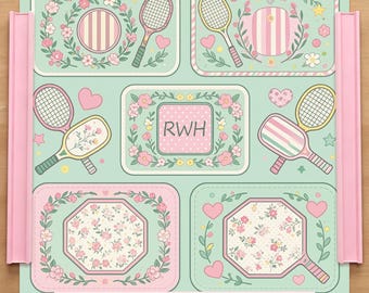 Personlig mintrosa Pickleball Mahjong-matta, söt blommig preppy Mahjong-spelmatta, bordsdekoration med monogram