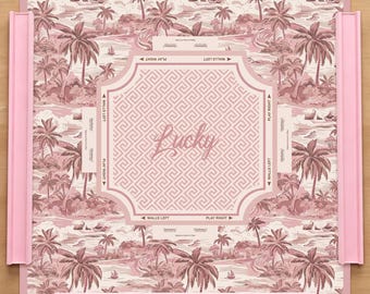 Personlig rosa tropisk palm Mahjongmatta, Chinoiserie Island Anpassat monogram Charleston-regel Amerikansk Mahjong-bordsdekoration