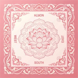 May include: A square textile featuring a central pink lotus flower illustration surrounded by intricate scrollwork and cloud motifs. The words NORTH, SOUTH, EAST, and WEST are printed in a clean font, positioned at the edges of the central design.