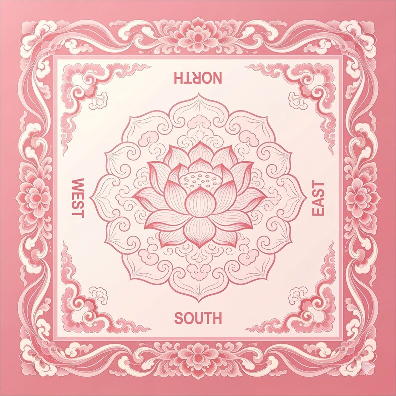 May include: A square textile featuring a central pink lotus flower illustration surrounded by intricate scrollwork and cloud motifs. The words NORTH, SOUTH, EAST, and WEST are printed in a clean font, positioned at the edges of the central design.
