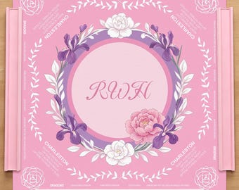 Personlig rosa kransblommig mahjongmatta, iris- och pion Charleston-regel amerikansk mahjongmatta, bordsdekoration med monogram