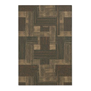 May include: Rectangular rug with a geometric pattern in shades of brown, tan, and dark gray. The design features a series of intersecting rectangles and lines, creating a textured, woven appearance. The rug has a neutral color palette.