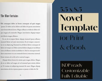 Op de afbeelding: Open boek met de titel "The Blue Curtains" op de linkerpagina. De rechterpagina toont "5.5 x 8.5 Novel Template for Print & eBook". Het boek staat op een blauwe achtergrond. De sjabloon is KDP-klaar, aanpasbaar en volledig bewerkbaar.