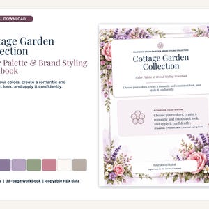 Könnte beinhalten: Ein digitales Arbeitsbuch mit dem Titel Cottage Garden Collection Color Palette & Brand Styling Workbook. Das Dokument enthält florale Illustrationen, Text und eine Farbpalette mit 20 Paletten, 38 Seiten und HEX-Daten.