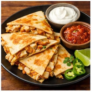 Puede incluir: Un plato de quesadillas, cortadas en triángulos, rellenas de pollo. Se sirven con pequeños cuencos de crema agria y salsa, además de gajos de lima y rodajas de jalapeño. La comida está en un plato negro.