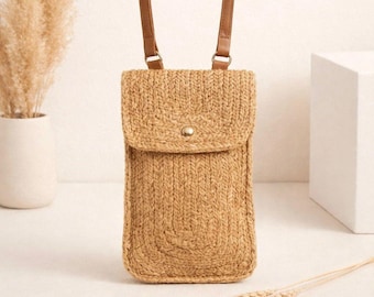 Sac pour téléphone en cuir, sac à main en bandoulière avec support pour téléphone, pochette pour téléphone cadeau pour femme en voyage, sac pour téléphone en paille, sac pour téléphone portable, petit sac à main pour téléphone