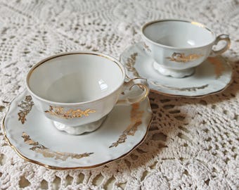 2 Paar Bareuther Bavaria Tassen & Untertassen, Vintage-Porzellan aus Deutschland, 1937–1945, Kaffeetassen mit Goldblumenmuster