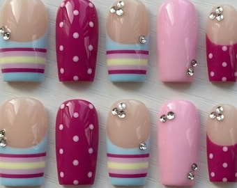 Hand-Painted Hot Pink Polka Dot French Tip Nails, Rhinestone Short Square False Nails