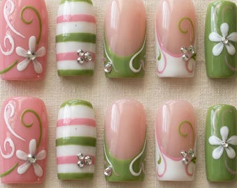 Pink Green Vintage Floral Press-On Nails, Hand Painted Daisy & Swirl Design, Summer Spring French Tips, Cute Elegant Nail Set