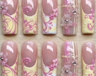 Unghie finte rosa con punta francese stile Y2K, set lungo quadrato con fiocco 3D Coquette.
