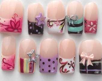 Handmade Y2K Press On Nails | Pink Pastel Bow Star Floral Short Square Set