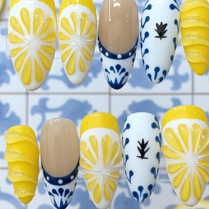 Lemon Yellow Floral Press On Nails, Blue White Mediterranean Tile Inspired Set with 3D Flower Art, Almond French Tips For Summer, Vacation