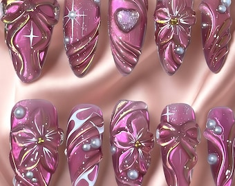 Rose Quartz Royale Valentine Press On Nails, Luxury Pink 3D Floral Set with Pearl, Metallic Swirls, Bow & Heart, Elegant Romantic Nail Box
