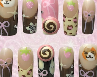 Handmade Chocolate Brown Cat Press On Nails, Dessert Strawberry Bow Candy Art