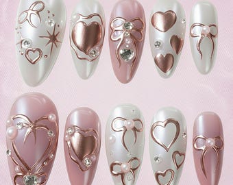 Handmade Rose Heart Press On Nails, 3D Pearl Crystal Set