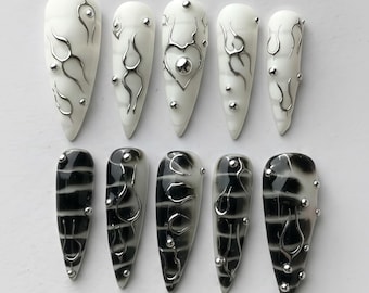 Gothic Flame Press On Nails, Long Stiletto, Y2K Chrome, Silver 3D Design