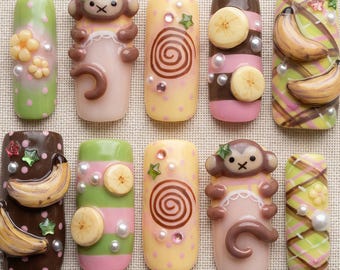 Unghie finte Kawaii Monkey Banana, set 3D Frutta Pastello Harajuku