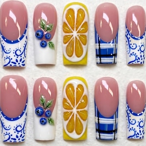 May include: A set of ten press-on nails featuring various designs including blue and white floral patterns, hand-painted blueberries with green leaves on a white base, a raised yellow lemon slice motif, and a blue and white plaid checkered pattern.