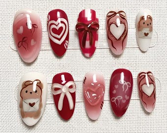 Faux ongles ours brun pour la Saint-Valentin, rouge, rose, amande, nœud en forme de cœur