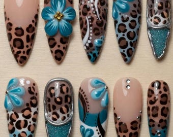 Hand-Painted Leopard Flower Press On Nails, Luxury Animal Print Custom Nail Art