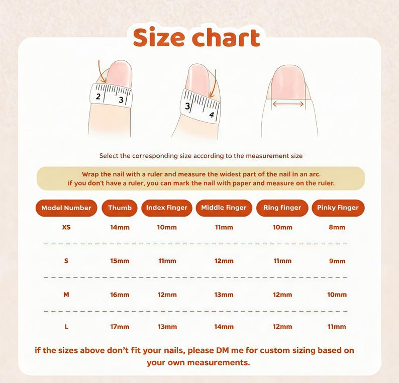 K&ouml;nnte beinhalten: Eine Gr&ouml;&szlig;entabelle f&uuml;r N&auml;gel mit Illustrationen, wie man N&auml;gel misst. Die Tabelle enth&auml;lt Messungen in Millimetern f&uuml;r Daumen, Zeige-, Mittel-, Ring- und kleinen Finger, mit Gr&ouml;&szlig;en von XS bis L. Text am Ende f&uuml;r individuelle Gr&ouml;&szlig;en.