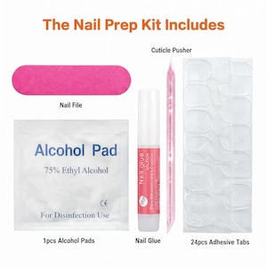 K&ouml;nnte beinhalten: Ein Nagelvorbereitungs-Set mit einer rosa Nagelfeile, einem Alkoholtupfer, Nagelkleber, einem Nagelhautschieber und Klebelaschen. Der Alkoholtupfer ist mit "75% Ethyl Alcohol" und "For Disinfection Use" beschriftet.