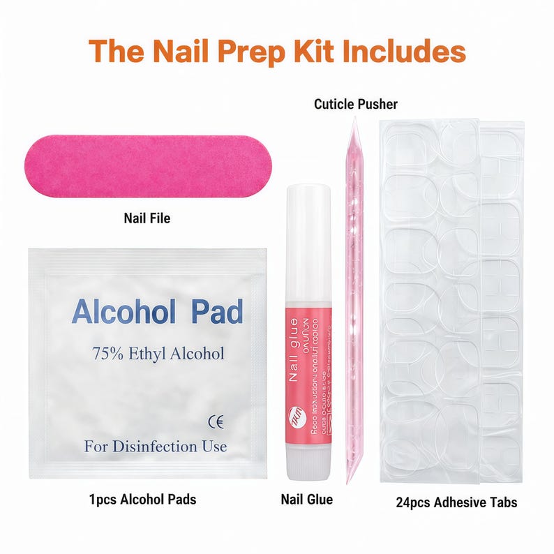 K&ouml;nnte beinhalten: Ein Nagelvorbereitungs-Set mit einer rosa Nagelfeile, einem Alkoholtupfer, Nagelkleber, einem Nagelhautschieber und Klebelaschen. Der Alkoholtupfer ist mit "75% Ethyl Alcohol" und "For Disinfection Use" beschriftet.
