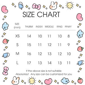 May include: A white size chart with the text "SIZE CHART" in black. The chart lists sizes XS to L, with measurements in millimeters for thumb, index, middle, ring, and pinky fingers. Decorative doodles surround the chart.