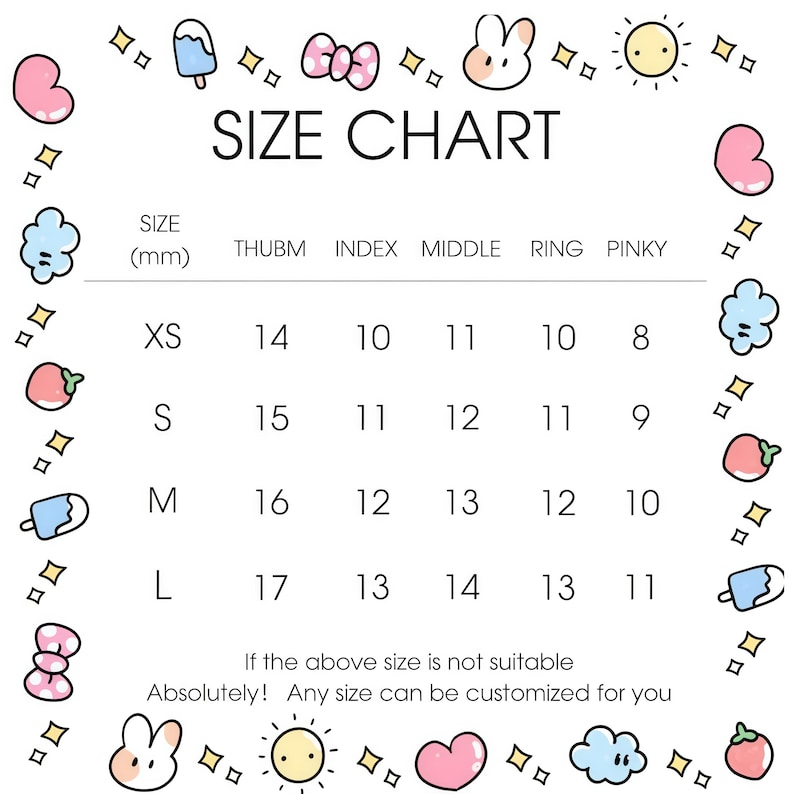 May include: A white size chart with the text "SIZE CHART" in black. The chart lists sizes XS to L, with measurements in millimeters for thumb, index, middle, ring, and pinky fingers. Decorative doodles surround the chart.