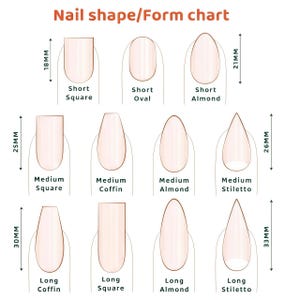 May include: A nail shape chart with nine different nail shapes, including short square, short oval, and short almond. The chart also shows medium and long variations of square, coffin, almond, and stiletto shapes. Measurements are in millimeters.
