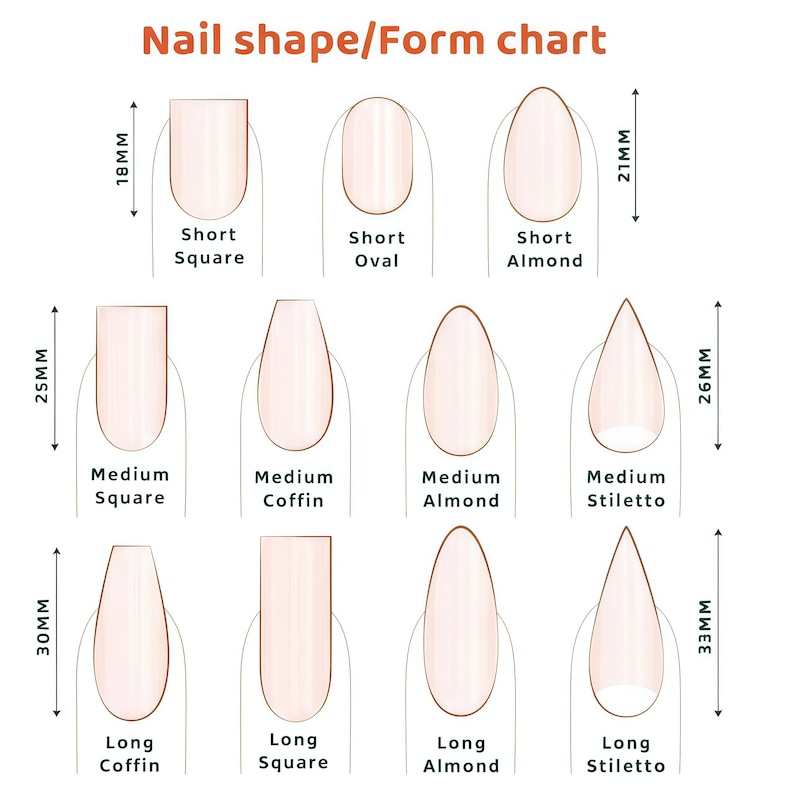 May include: A nail shape chart with nine different nail shapes, including short square, short oval, and short almond. The chart also shows medium and long variations of square, coffin, almond, and stiletto shapes. Measurements are in millimeters.