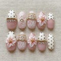 3D Flower Press On Nails, Pink Polka Dot Coquette Nail Art, Gold Charm Rhinestone product logo