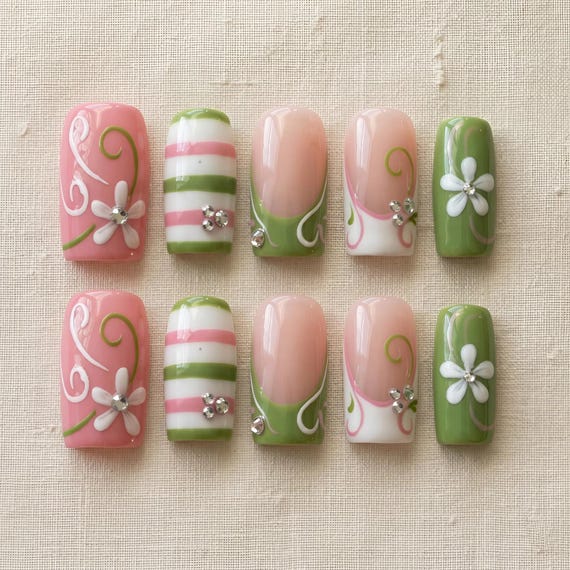 Hand Painted Daisy Swirl Press-On Nails, Pink Green Floral French Tips