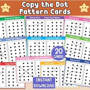 May include: A collection of colorful dot-to-dot pattern cards with the text "Copy the Dot Pattern Cards". Each card features a dot-to-dot puzzle and a space to copy the pattern. The set includes 20 cards.