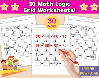 May include: A set of 30 math logic grid worksheets with addition and subtraction problems. The worksheets feature a grid format with numbers and arrows, designed for finding missing numbers. The image includes the text "30 Math Logic Grid Worksheets!" and "Instant Download."