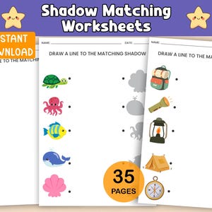 以下が含まれることがあります： 「Shadow Matching Worksheets」というタイトルの子供向けの教育用ワークシート。ワークシートには、さまざまなオブジェクトや職業のイラストが掲載されており、影を一致させるための線を描く指示があります。画像には「Instant Download」と「35 Pages」というテキストが含まれています。