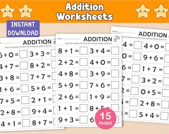 15 Printable Addition Worksheets, Simple Addition Printables, Single Digit Math, Kindergarten and 1st Grade Math, A4 & US Letter