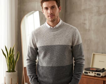 Luxury Men's Pure Cashmere Sweater | Color Block Thick Winter Pullover | Cozy Crew Neck Knitted Striped Jumper | Premium Wool Gift for Him