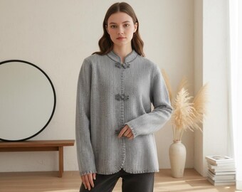Pure Cashmere Fringed Knitwear - Button-Up Stand Collar Sweater, Minimalist Herringbone Cardigan for Women, Luxury Soft Cashmere Jacket