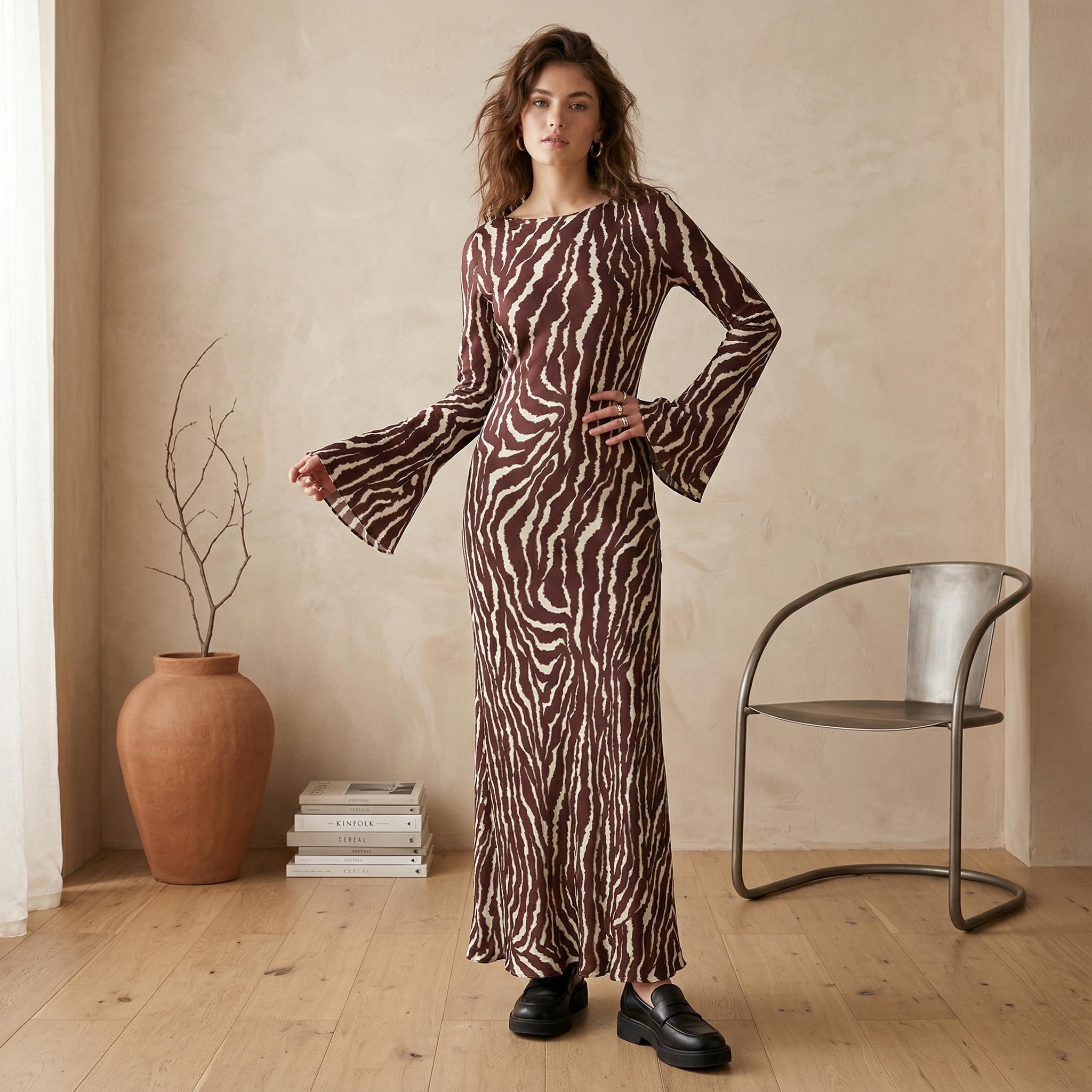 knee length dresses for ladies Brown Zebra Instincts Print Maxi Dress