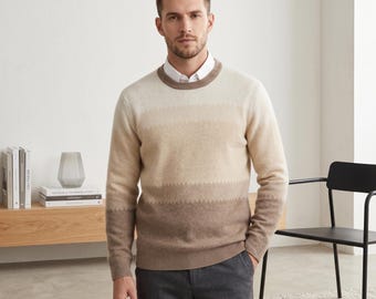 100%ピュアカシミヤセーター メンズ、厚手のニットプルオーバー、高級感のあるグラデーションクルーネックジャンパー、メンズ冬服、彼へのプレミアムギフト