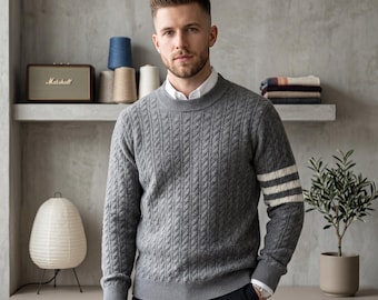 Jersey de punto trenzado de cachemir 100% puro para hombre, jersey de lana grueso de cuello redondo de lujo, prenda clásica de punto para otoño e invierno.