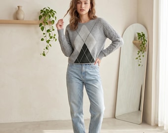 Women's Pure Cashmere Pullover Sweater, Cozy Round Neck Argyle Knit Top, Soft Winter Essential, Minimalist Style, Luxury Knitwear for Her
