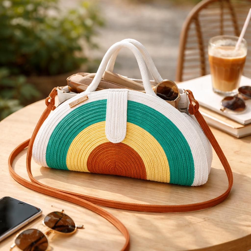 Handgemachte Baumwollkordel Umhängetasche, Bunte Gehäkelte Schultertasche, Schicke Muttertasche, Einzigartiges Design Geschenk für Sie, Waschbar